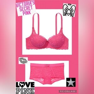 Victoria’s Secret PINK Wink Push Up Bra 40B And Matching Panty Set VS rose shine